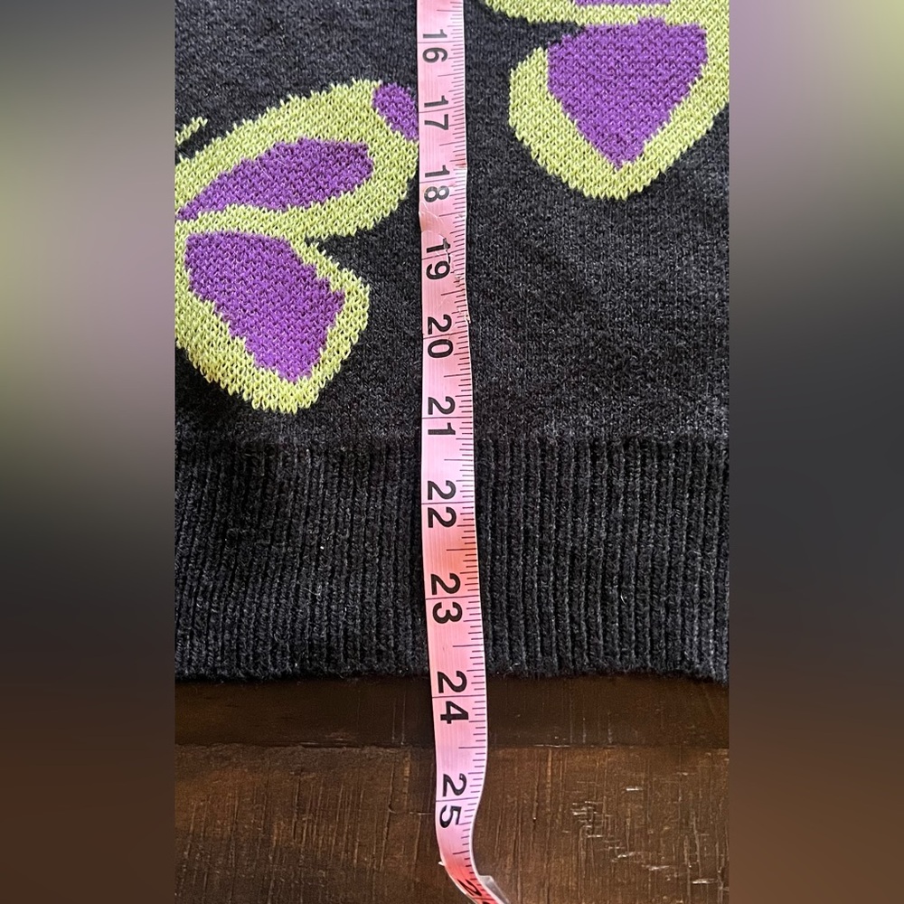 Aqua Blue Butterflies Pullover Crew Sweater Black Purple Green Women’s Medium - Picture 4 of 6